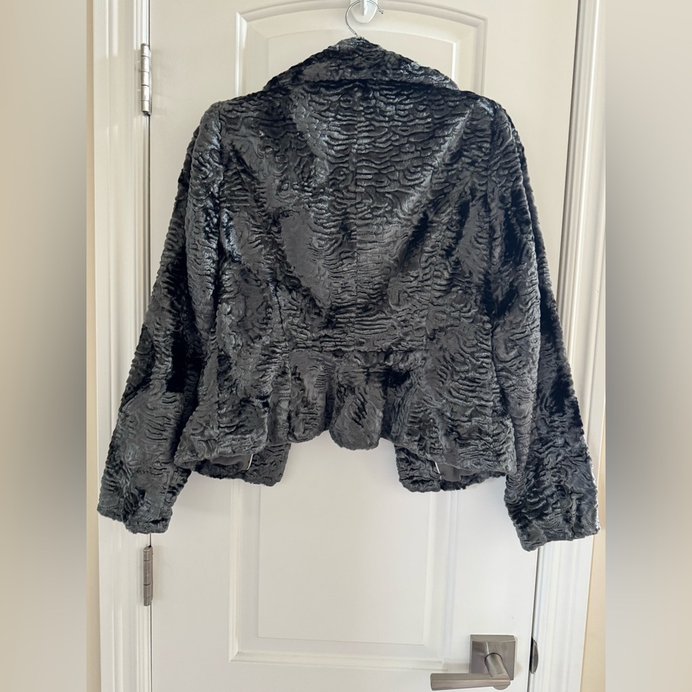 White House Black Market WHBM faux Persian lamb fur jacket XS Black Grey - Picture 9 of 15